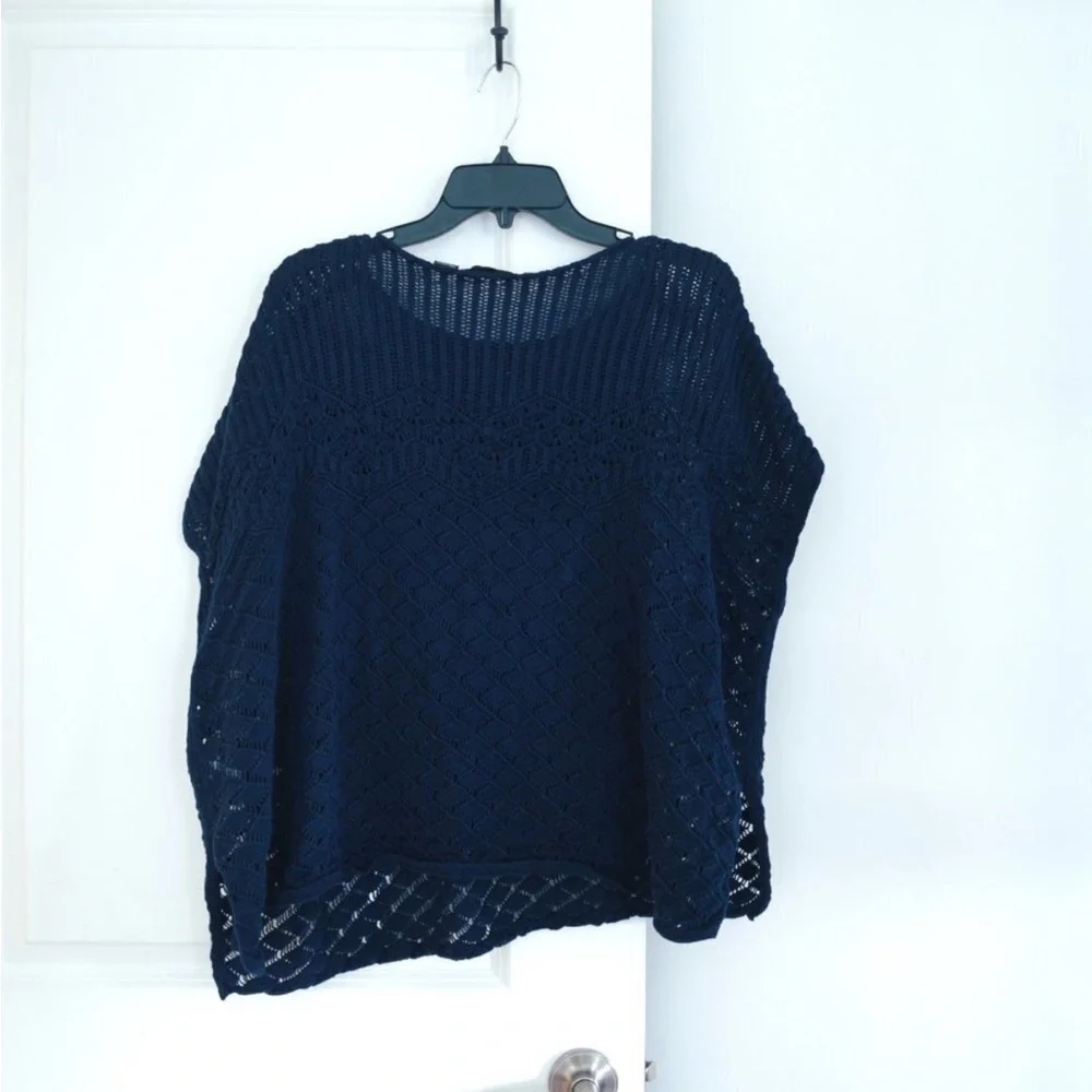 Jeanne Pierre Crochet Beach Cover Up Navy Blue Cap Sleeve Boxy Poncho Size M